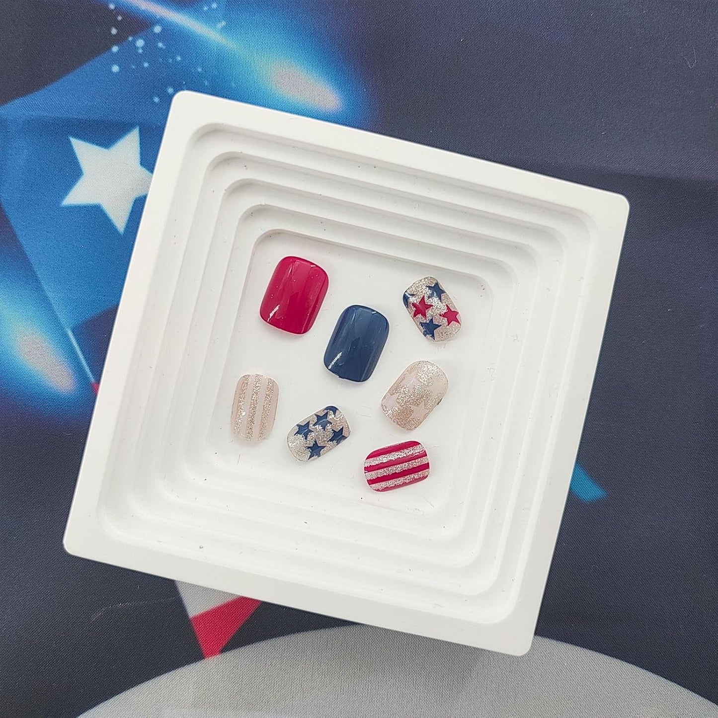 Press On Nails - Short Square Red, White & Blue Acrylic Nails with Glitter Stars | 4th of July Designs, 24 Pcs