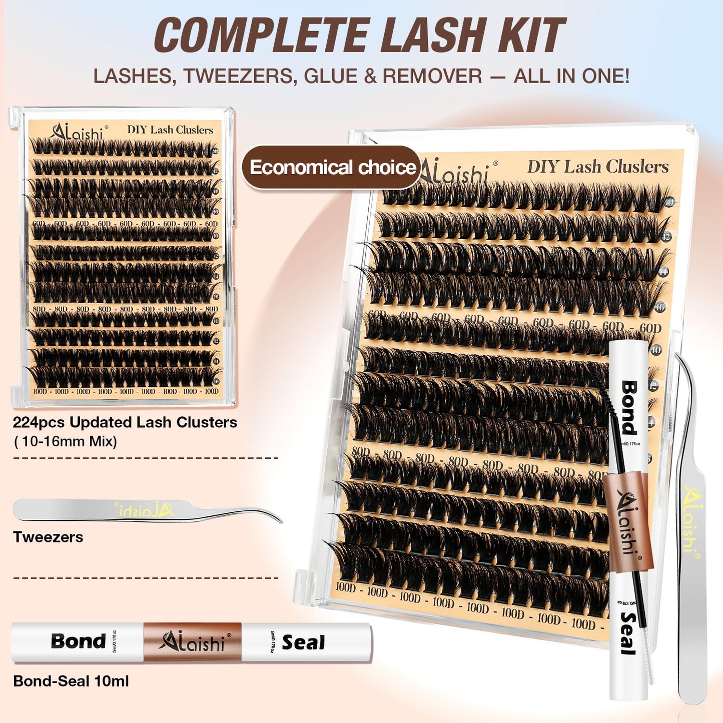 DIY Cluster Eyelash Extensions Kit - 224pcs Fluffy D Curl Lashes | 9-16mm, Bond & Seal, Tweezers Included