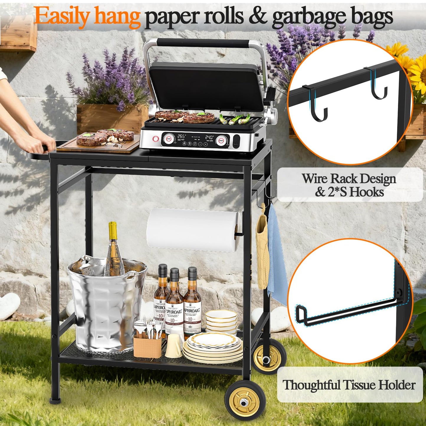 2-Tier Outdoor Grill Table with Wheels, Movable Cooking Food Prep Table for Outside BBQ Gathering, with 23.62" Lx 15.75" W Rust-resistant Tabletop, Griddle Stand for Patio & Backyard & Tools Room