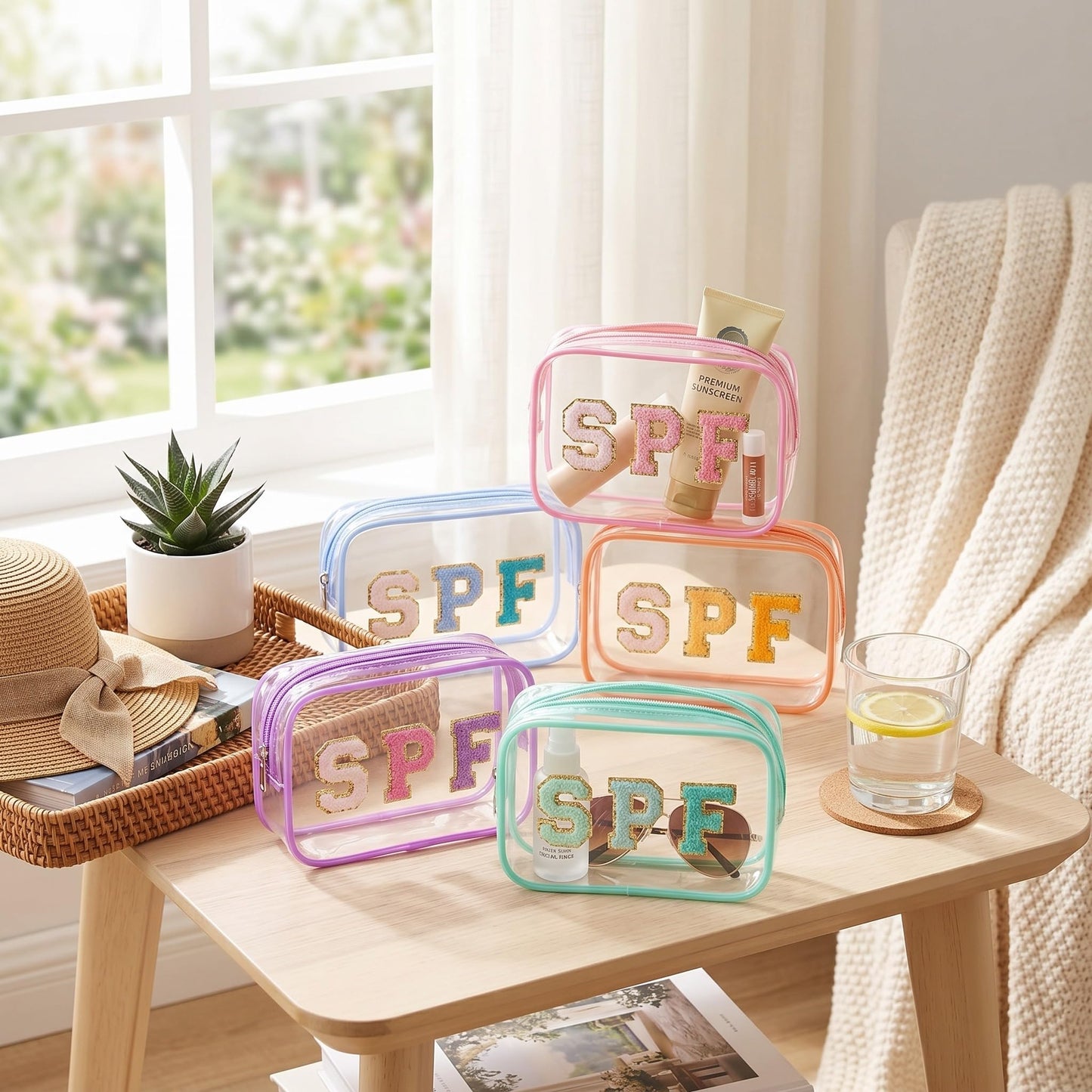 Kacctyen 20 Pcs Clear SPF Makeup Bags Bulk 5 Colors Sunscreen Pouch Beach Pool Waterproof Toiletry Cosmetic Bags Set Preppy Chenille Letter Patch Zip Organizer Girls Summer Vacation Gifts Essentials