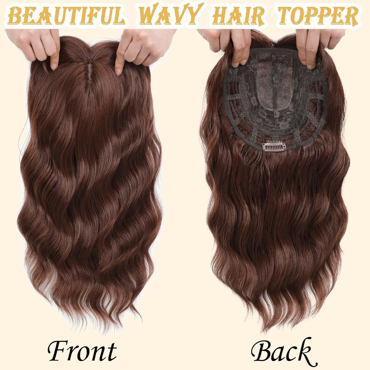 16 Inch Hair Topper for Women - Synthetic Curly Wavy Clip-In with Wispy Bangs | Auburn Brown Natural Volume