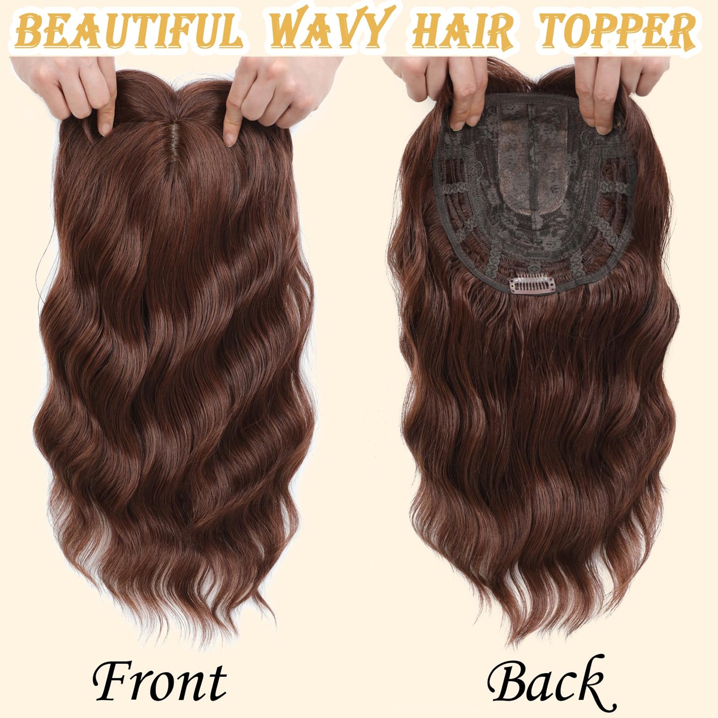 16 Inch Hair Topper for Women with Thinning Hair, Synthetic Curly Wavy Clip-In Topper with Wispy Bangs Natural Looking Crown Coverage Lightweight Hair Piece for Volume(Auburn Brown)