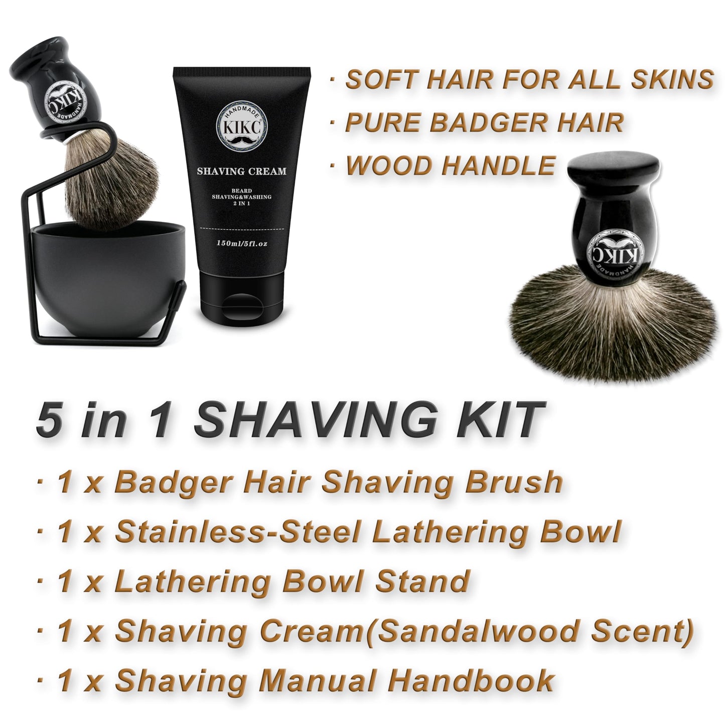 KIKC 5 in 1 Shaving Kit for Wet Shave, Set Includes Hand Crafted Pure Badger Shave Brush, Stainless Steel Lathering Soap Bowl, Shave Brush Stand, Shaving Cream, Best Gift for Bearded Man, Deluxe Black