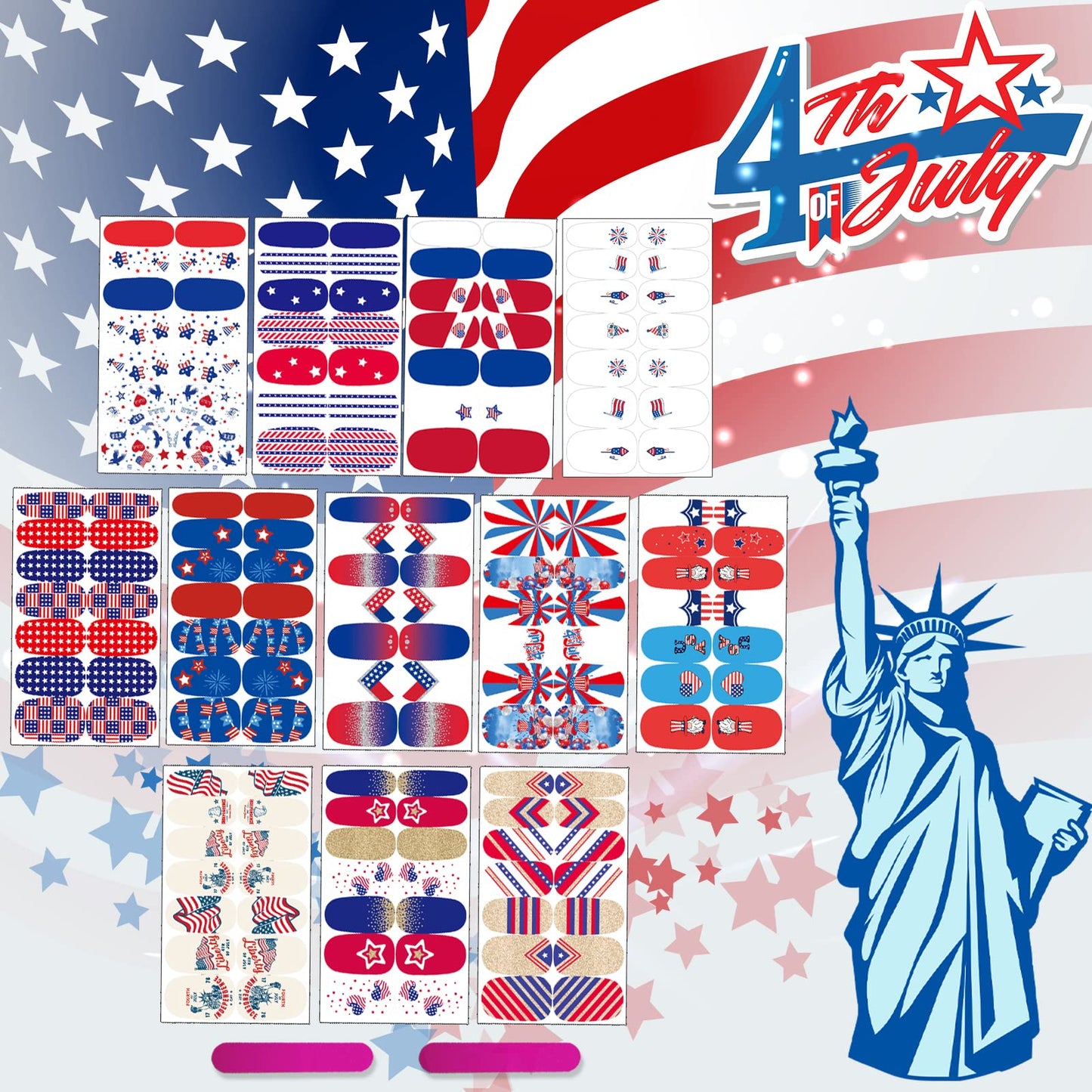 12 Sheets 4th of July Nail Wraps Stickers, Independence Day Full Nail Polish Strips, Memorial Day DIY Self-Adhesive Nail Art Decals Patriotic American Flag Pattern Decor with 2 Piece Nail Files