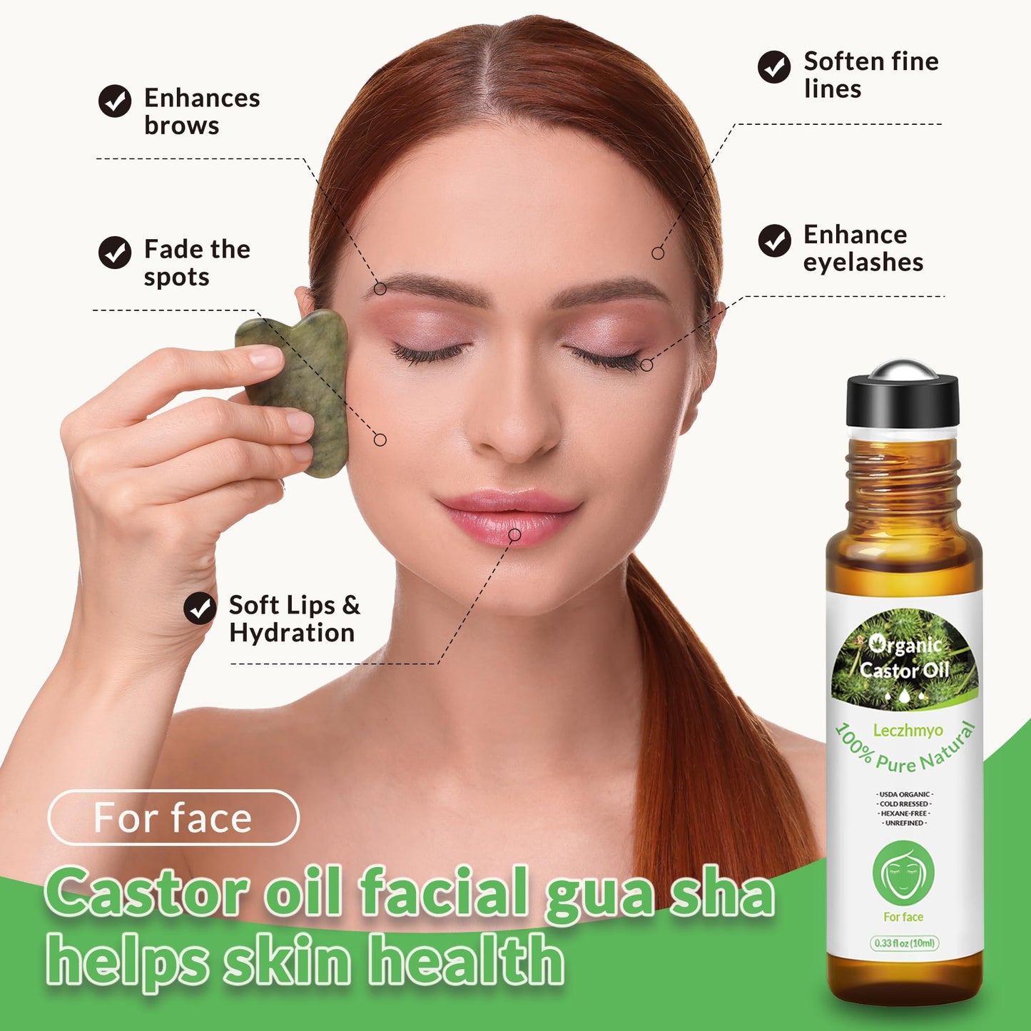 Leczhmyo Organic Castor Oil Roll on for Belly, Face, Body, Under Eyes– Certified Organic, Cold Pressed, Hexane Free, Unrefined – 3 Glass Bottle Pure Roller Ball Castor Oil to Moisturize Skin, Lips