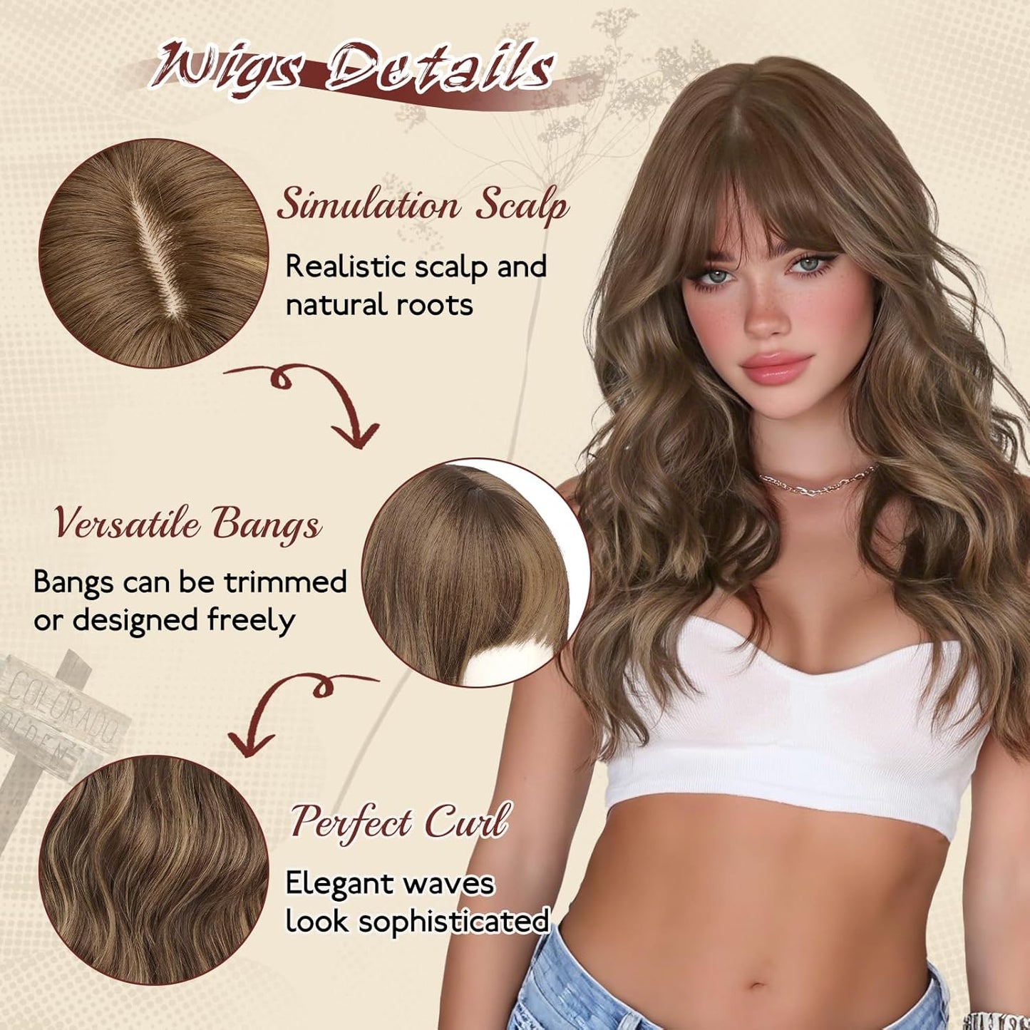 Brown Wigs with Bangs - 20 Inch Soft Wavy Synthetic Heat Resistant Hair Wig for Women | Blonde Mixed Brown
