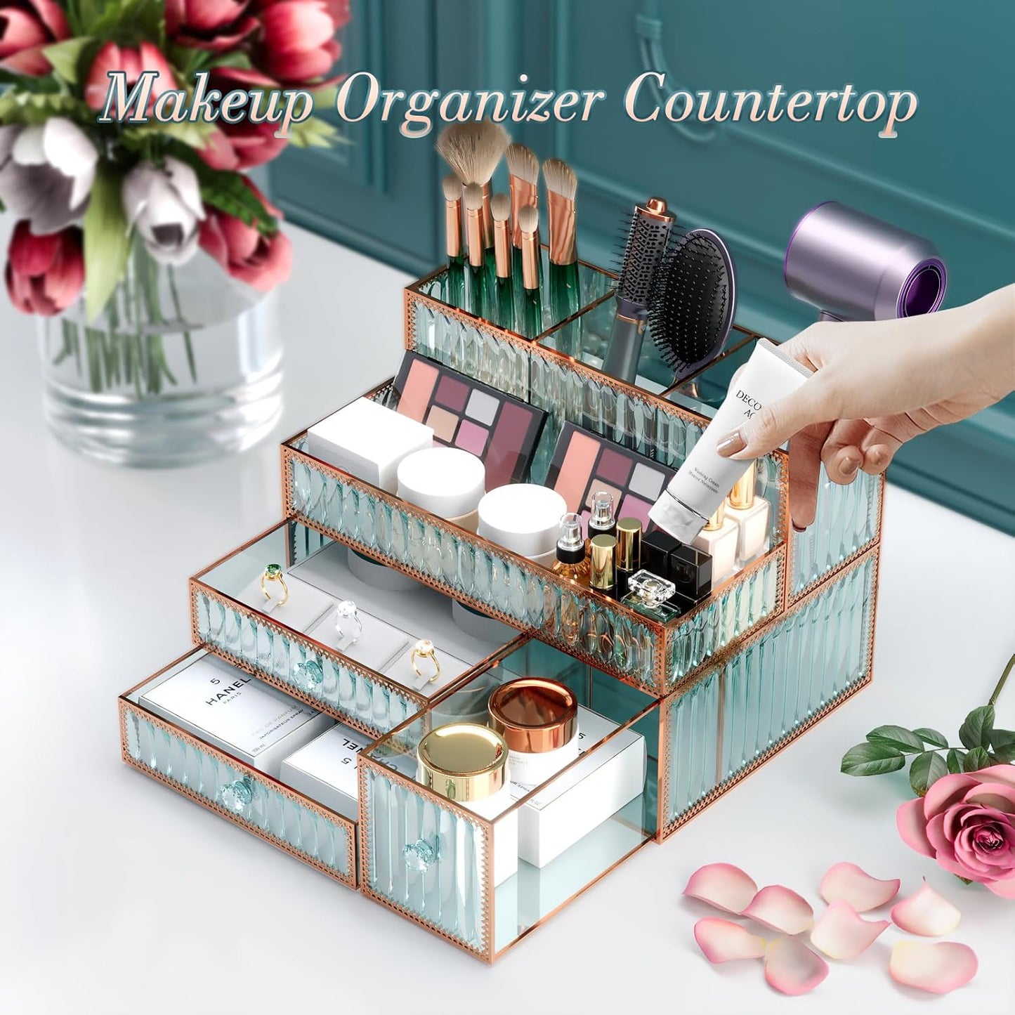Makeup Organizer - Tempered Glass Vanity Storage for Cosmetics, Skincare & Hair Tools | Multipurpose Countertop Organizer