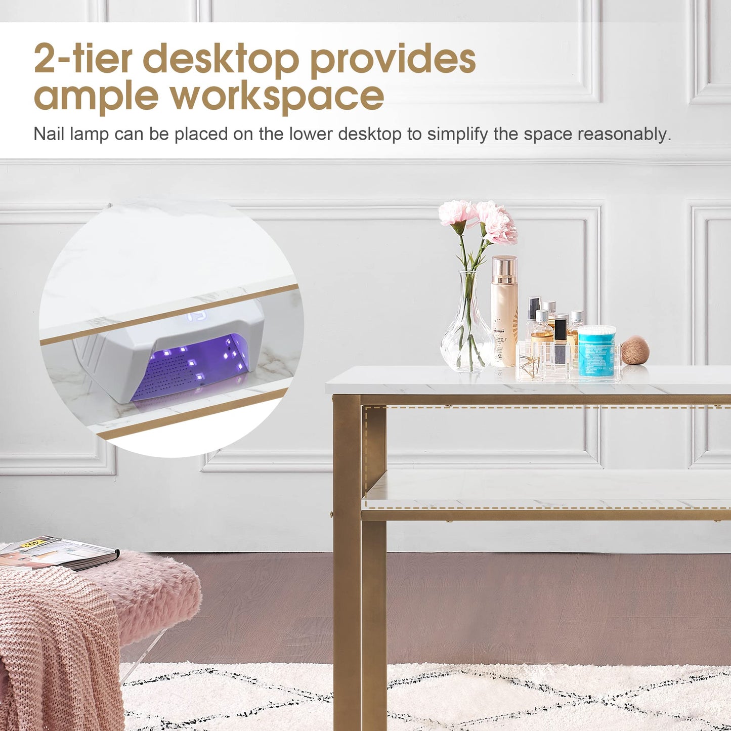 BarberPub Nail Table with Storage Marbling Texture Manicure Desk with Drawer Home Salon Beauty Equipment, 43"(L) x 17.7''(W) x 31.7"(H) 2408 (White)