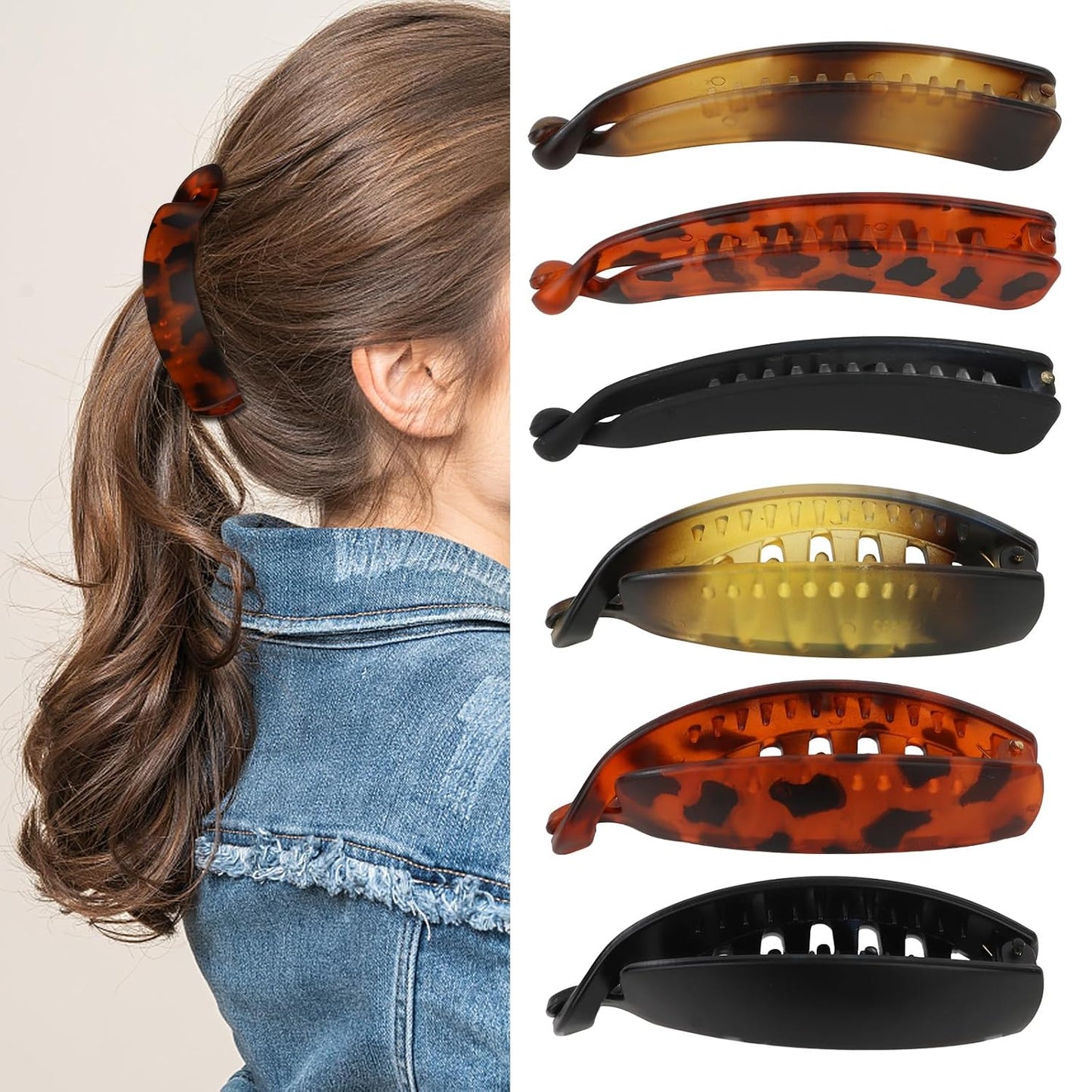 French Banana Hair Clips - 6 Pcs Set for Thick/Thin Hair - Ponytail Holders | Black & Tortoise
