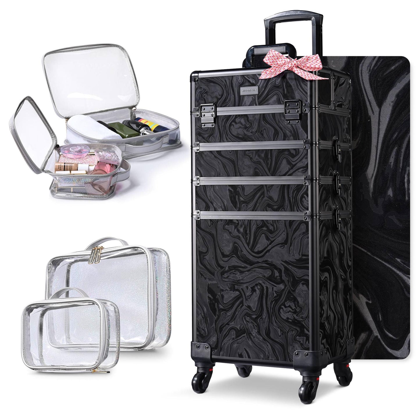 BYOOTIQUE 4in1 Rolling Makeup Train Case with 2 PCS Clear Cosmetic Toiletry Bag for Makeup Artist, CB Shadows
