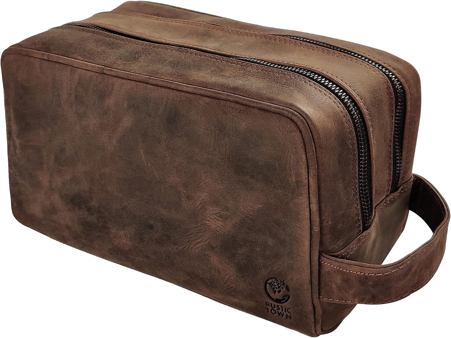 Full Grain Leather Travel Toiletry Bag - Rustic Town Cosmetic Organizer | Dark Brown