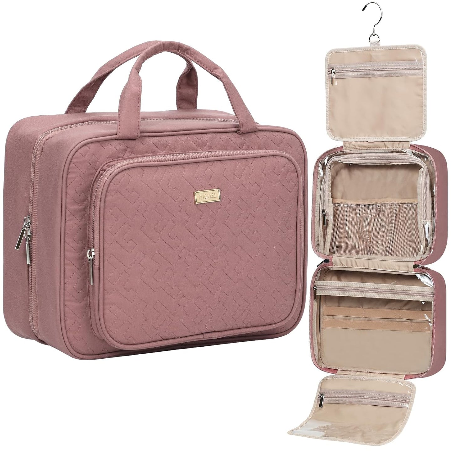 NISHEL Travel Toiletry Bag - Large Makeup Organizer for Women | Hanging Case in Rosewood Pink