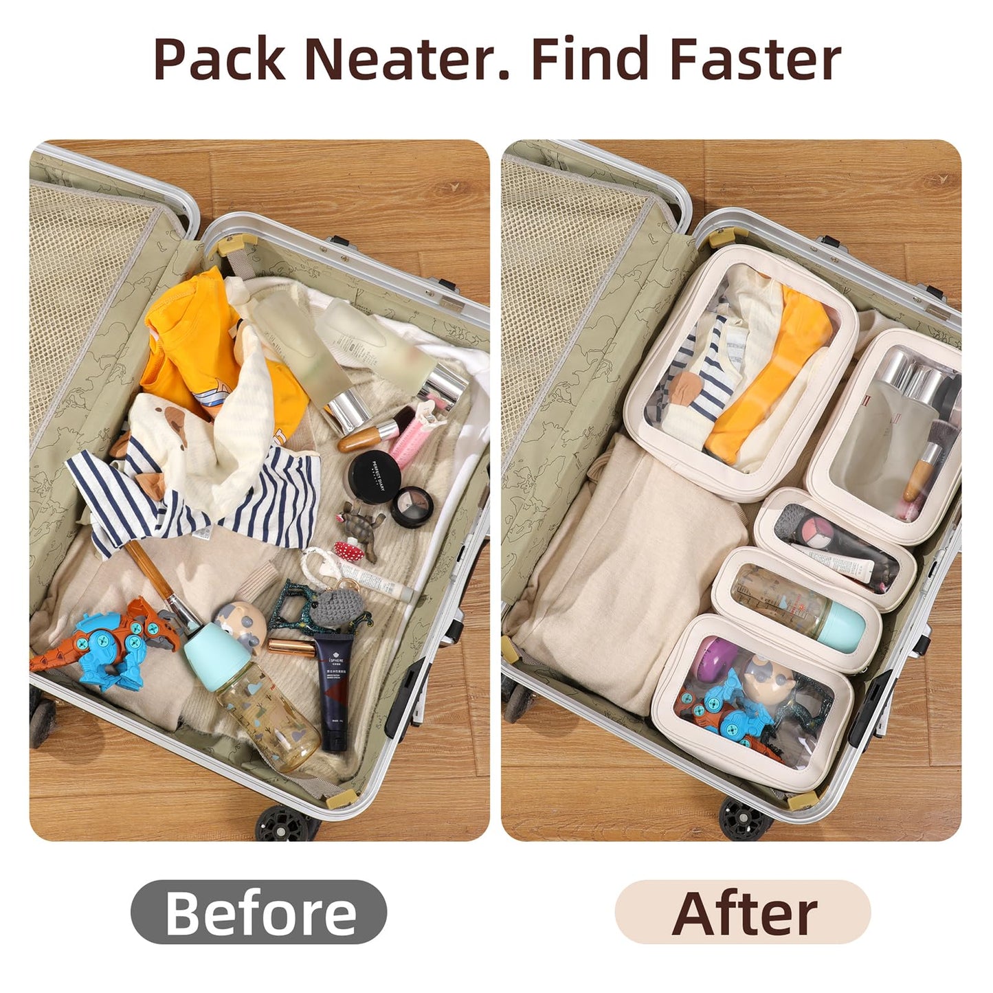 5PCS Diaper Bag Organizer Pouch Set, Clear Organizer Bags, TSA Approved Toiletry Bag, Clear Waterproof Cosmetic Bags with Zipper, Purse Organizer Pouches, Travel Organizer Bags for Woman and Kids