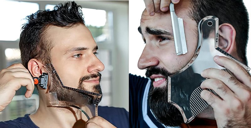 Beard Shaping & Styling Tool with Comb for Perfect line up & Edging for Men's Jaw Cheek/Neck Line, Symmetric/Curve/Step Cut Works with Any Beard Razor Electric Trimmers or Clippers (Clear-2pcs)