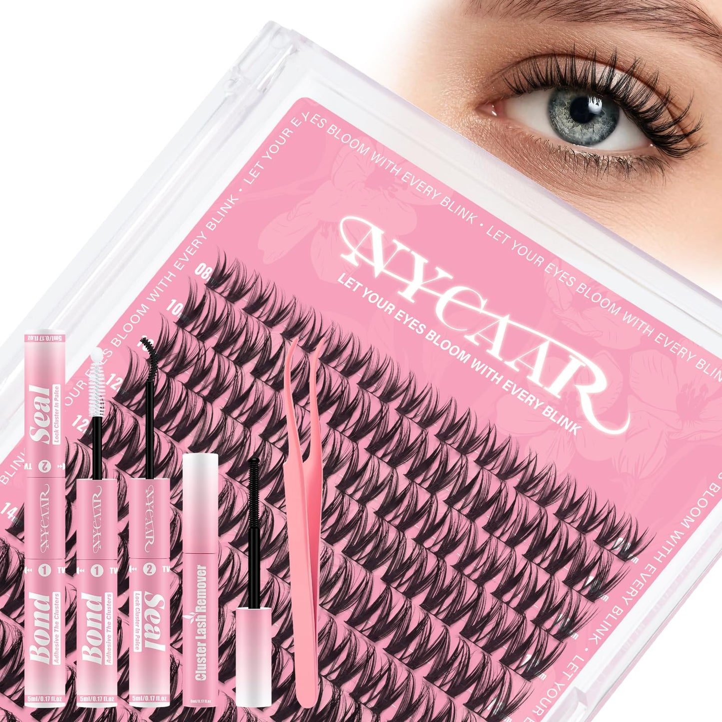 NYCAAR Flaunt Manga Lash Clusters Kit Wispy Flora Lash Extension Kit with 132pcs Eyelash Clusters in D Curl 8-18mm, Ultra-Thin Band, Includes Bond and Seal, Remover & Applicators for DIY at Home