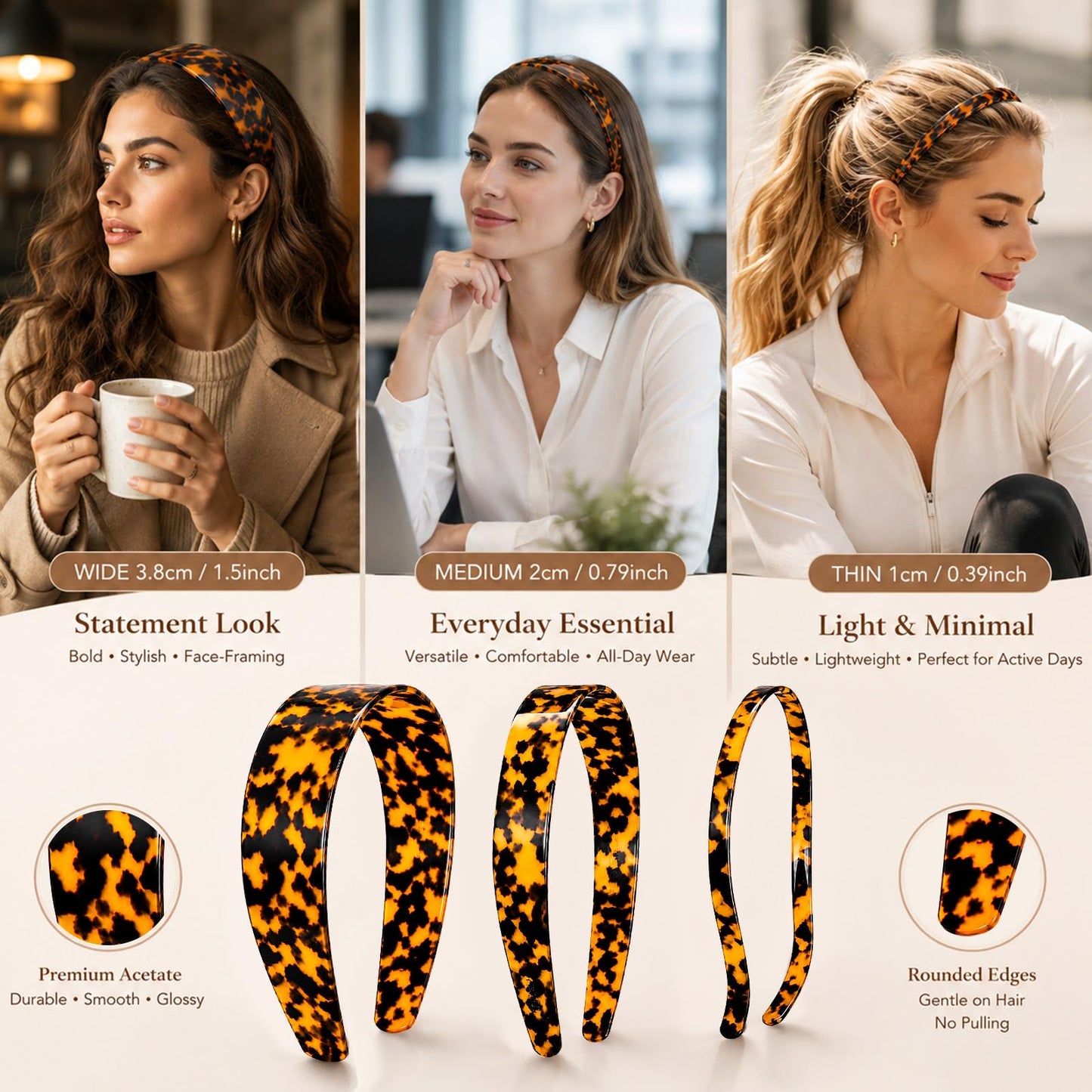 Wavyknot 3 Pack Tortoise Shell Acetate Headbands for Women Different Widths (0.4", 1", 1.5") Non Slip Teeth Dark Tortoise Hair Bands Classic Retro Hair Accessories for Daily, Makeup Use