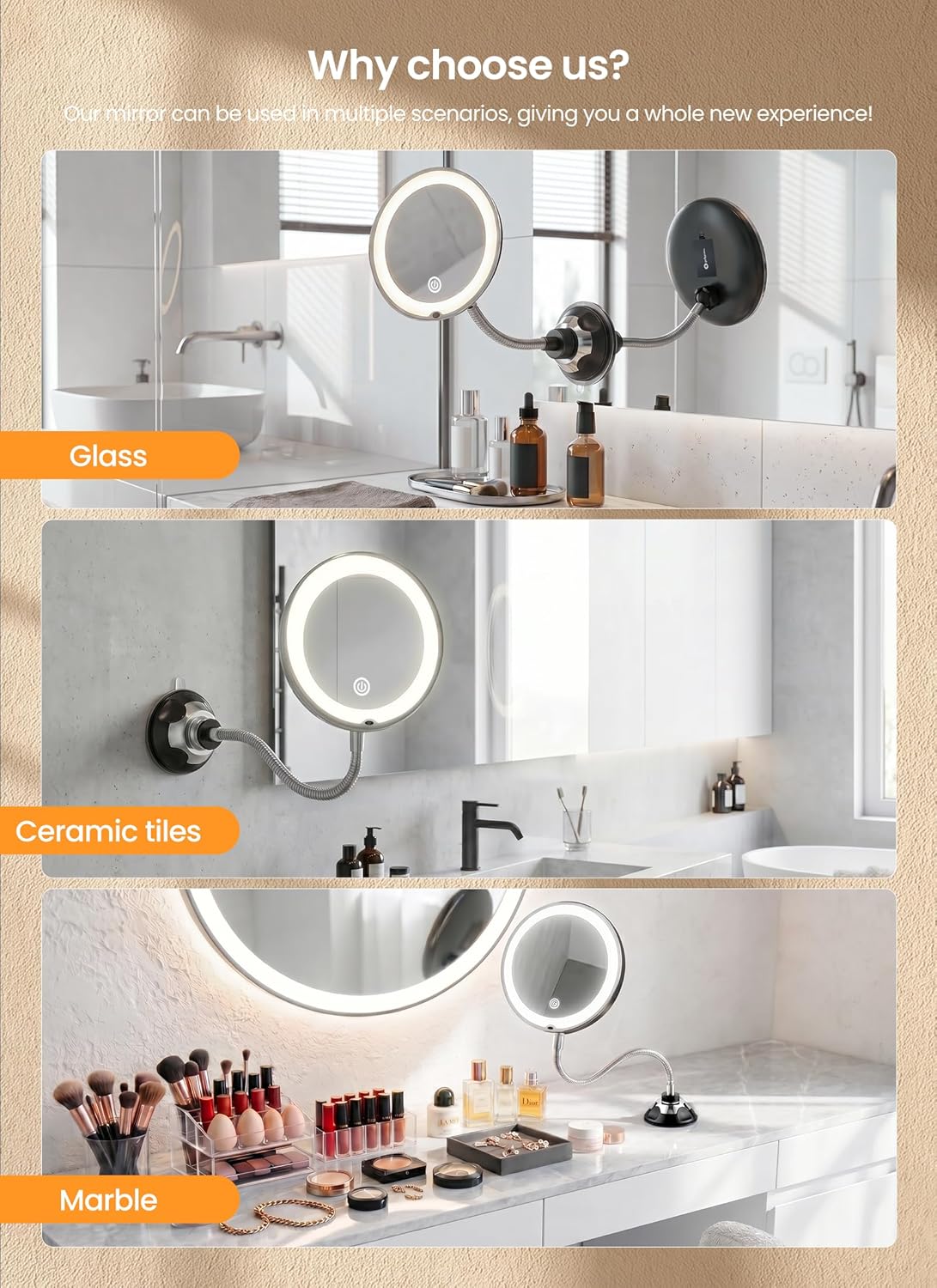 Brightown 10x Makeup Mirror - LED Lighted Magnifying Mirror with Adjustable Brightness | Black, Suction Cup Design