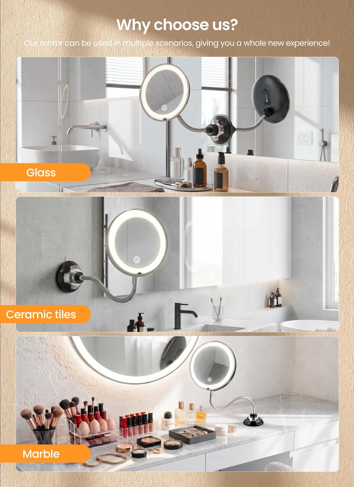 Brightown 10x Makeup Mirror with Lights and Magnification,Flexible Gooseneck Magnifying Mirror with 3 Lighting and Adjustable Brightness,Battery Operated with Suction Cup for Bathroom Bedroom, Red