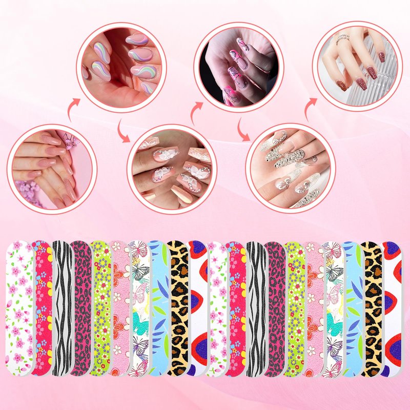 PEOVLVN 20Pcs Mini Nail Files Bulk Emery Boards for Acrylic & Natural Nails Colorful Floral Double Sided Mini Nail Buffer Manicure Tools for Women Girls Home and Salon Use