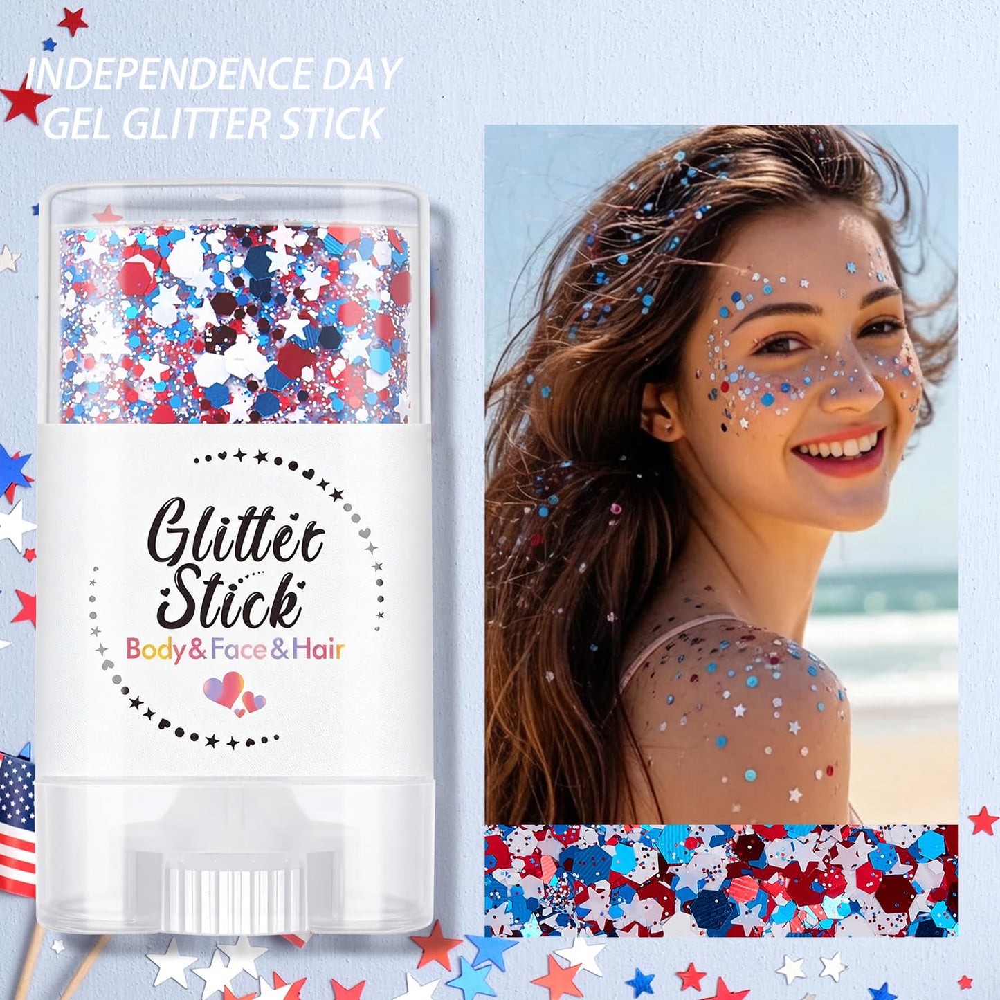 4th of July Body Glitter Stick for Face, Body & Hair - Red White & Blue Chunky Glitter with Star Sequins, 2 Pack Patriotic Makeup for Watch Party, Festival, Rave, Concert & Stadium for Women 2 Pack