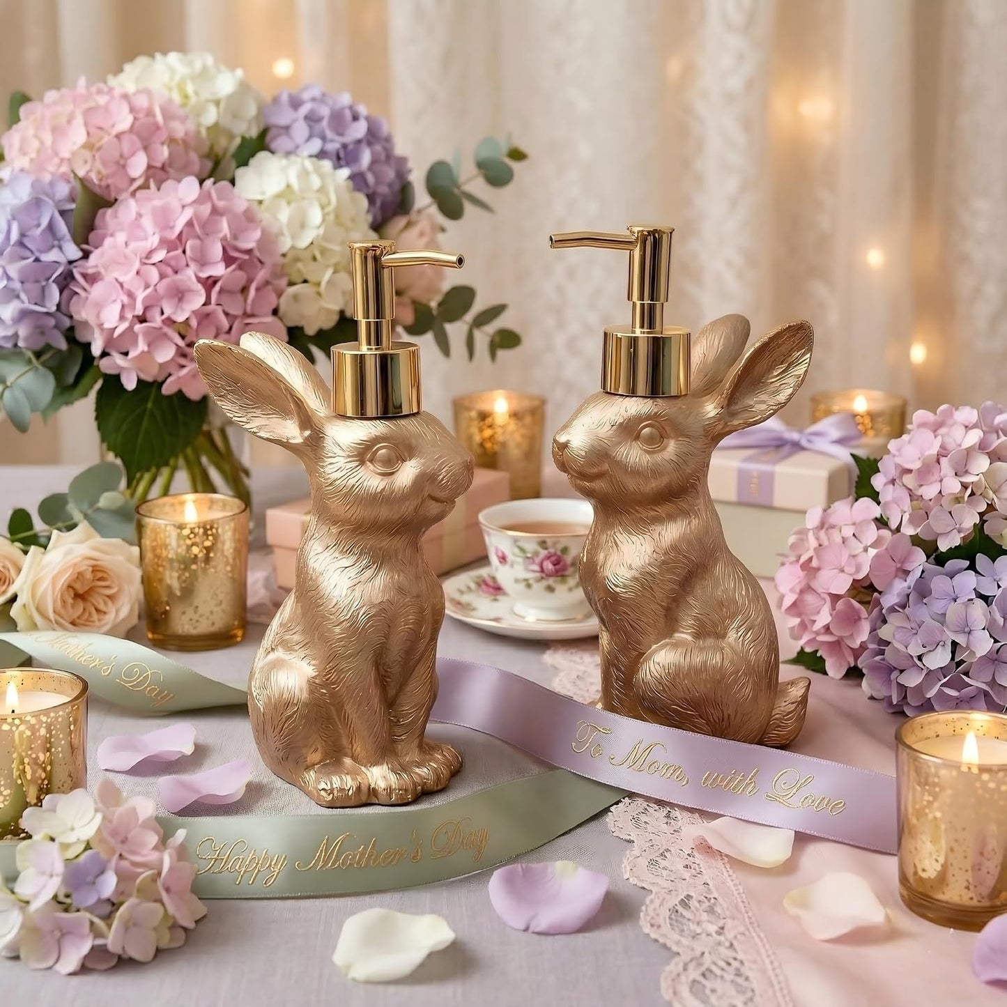 Gold Bunny Soap Dispenser Set - Vintage Rabbit Hand & Dish Soap Dispensers for Kitchen & Bathroom | 8oz Rust-Proof Resin Statues