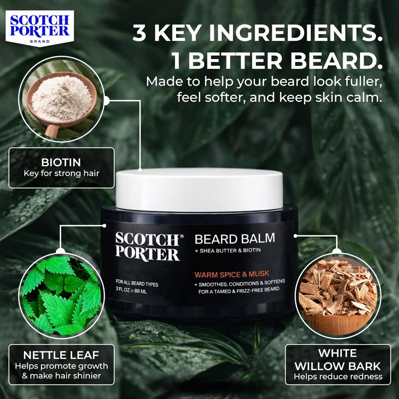Scotch Porter Conditioning Beard Balm – Smooth, Shape, Moisturize & Soften Coarse, Dry Facial Hair while Encouraging Growth for a Fuller/Healthier-Looking Beard – Original Scent, 3 oz. Jar