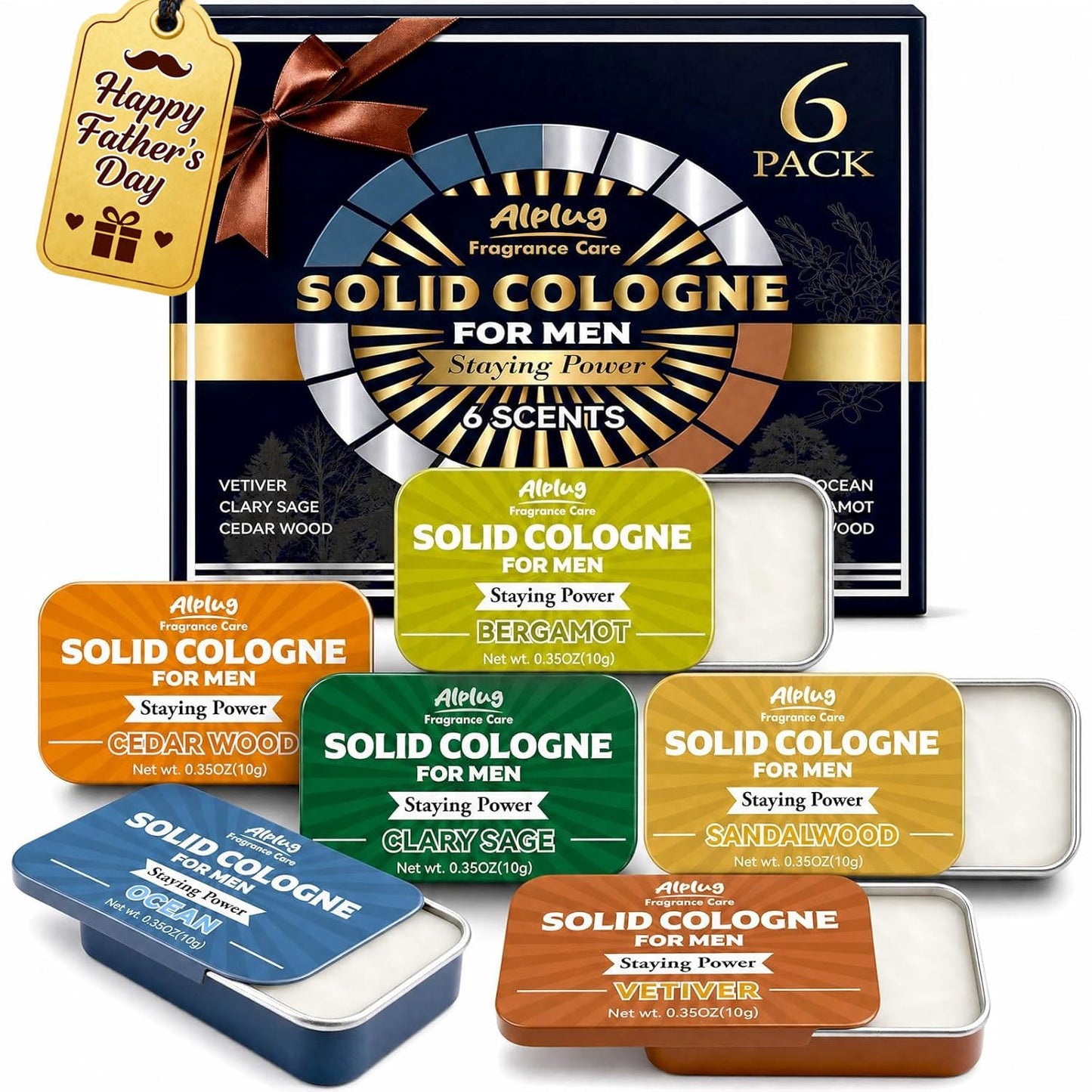 Solid Cologne Gift Set for Men - 6 Pack of Cedar Wood, Bergamot & Sandalwood | Perfect Father's Day Gift for Dad or Husband