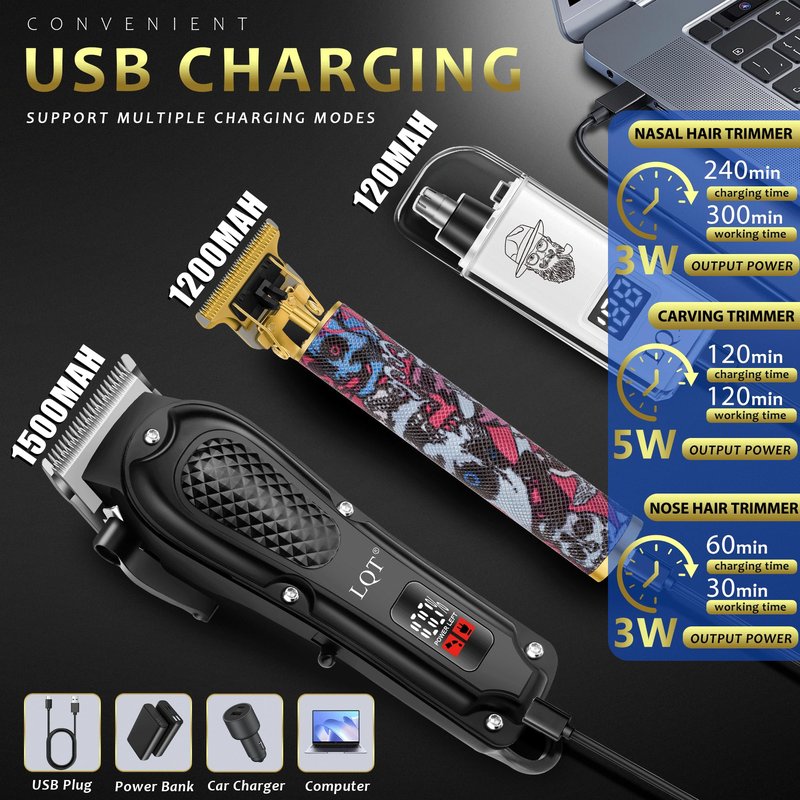 LQT Hair Clippers for Men, Electric Beard Trimmer Nose and Ear Hair Trimmer Rechargeable Cordless Clippers for Men with Comb, Wrap, Bag, to Son Husband Father Men's Gifts
