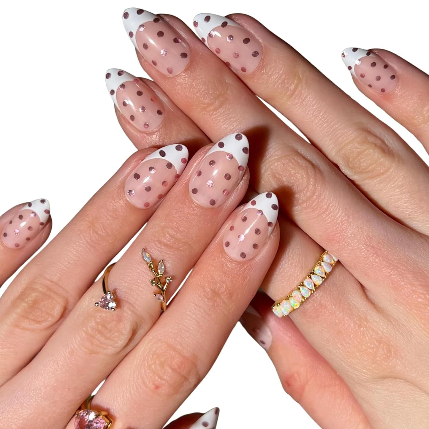 Press On Nails - Chrome Pink Polka Dot French Tip | Short Almond, 30 Nails in 15 Sizes with Glue, Reusable Salon Quality