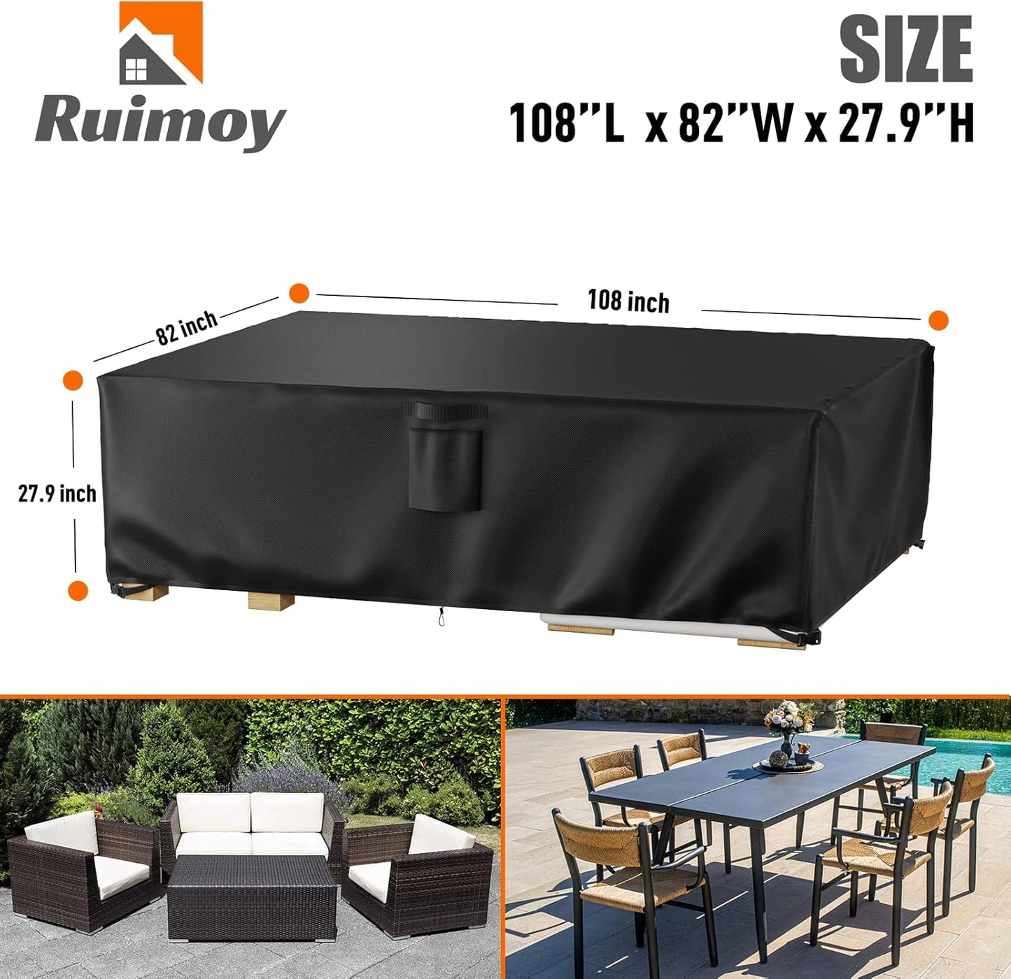 Patio Furniture Covers - Waterproof Outdoor Table & Chair Protection | Heavy Duty 600D, 108" L x 82" W x 27.9" H