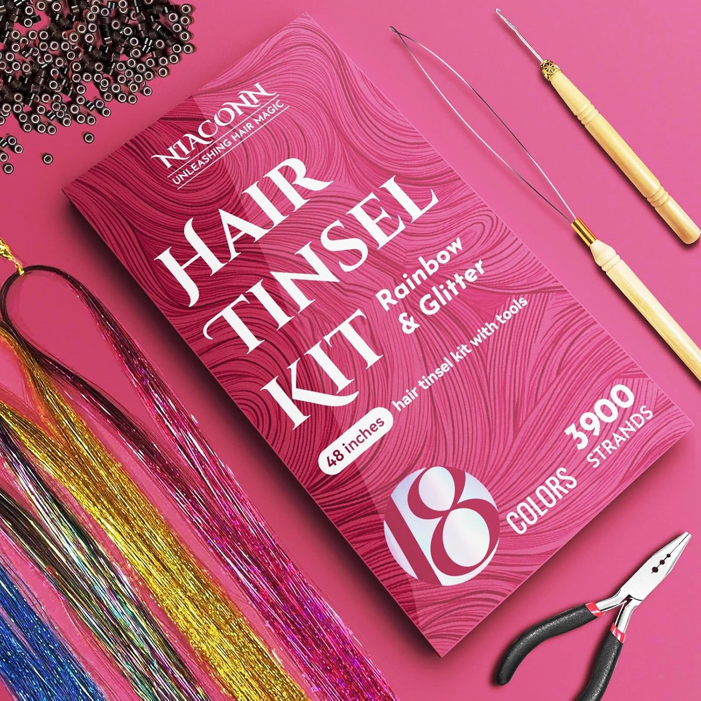 Glitter Hair Tinsel Extensions Kit - 18 Colors, 48 Inch Sparkly Strands | Shiny Hair Accessories for Women, Girls & Kids