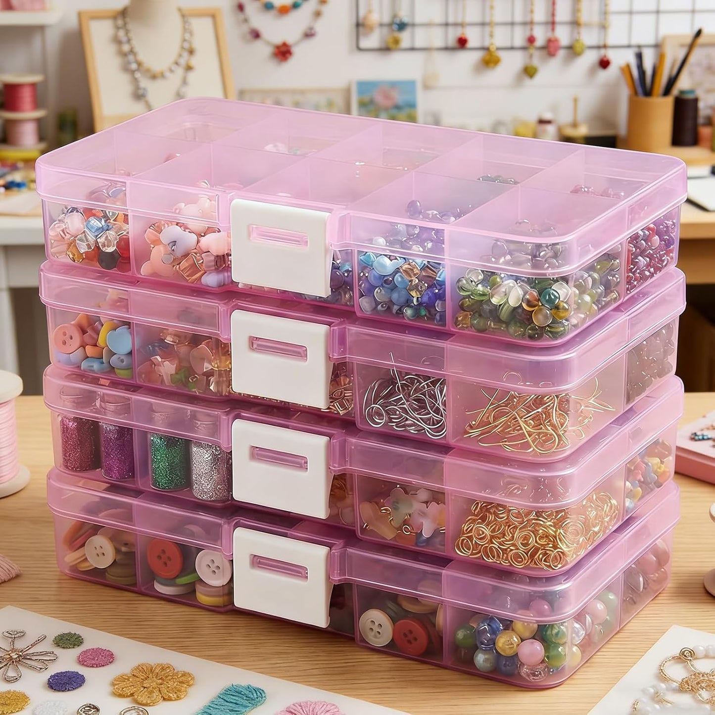 40-Grid Plastic Organizer Boxes - Waterproof Stackable Storage for Jewelry, Crafts, Nails & Fishing Tackle | 4 Pack (Pink)