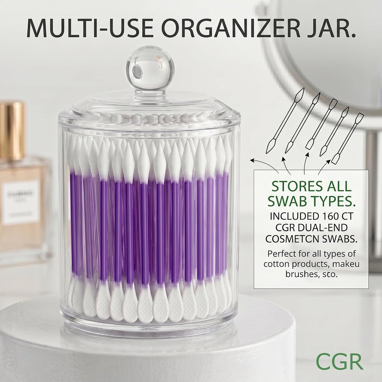 CGR Precision Cotton Swabs - 760 Pcs Acrylic Canister with Pointed & Flattened Tips | Makeup Applicator