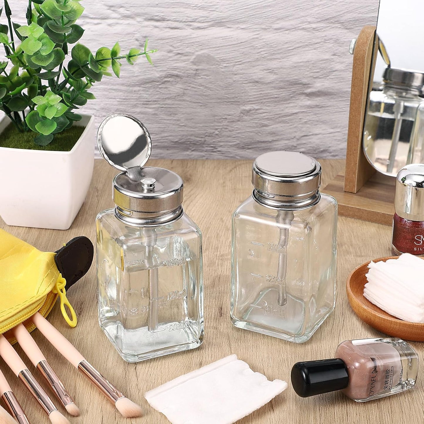 Noverlife Clear Glass Pump Dispenser Bottles - 2PCS 6Oz Nail Polish Remover Containers | Refillable Flip Top Cap
