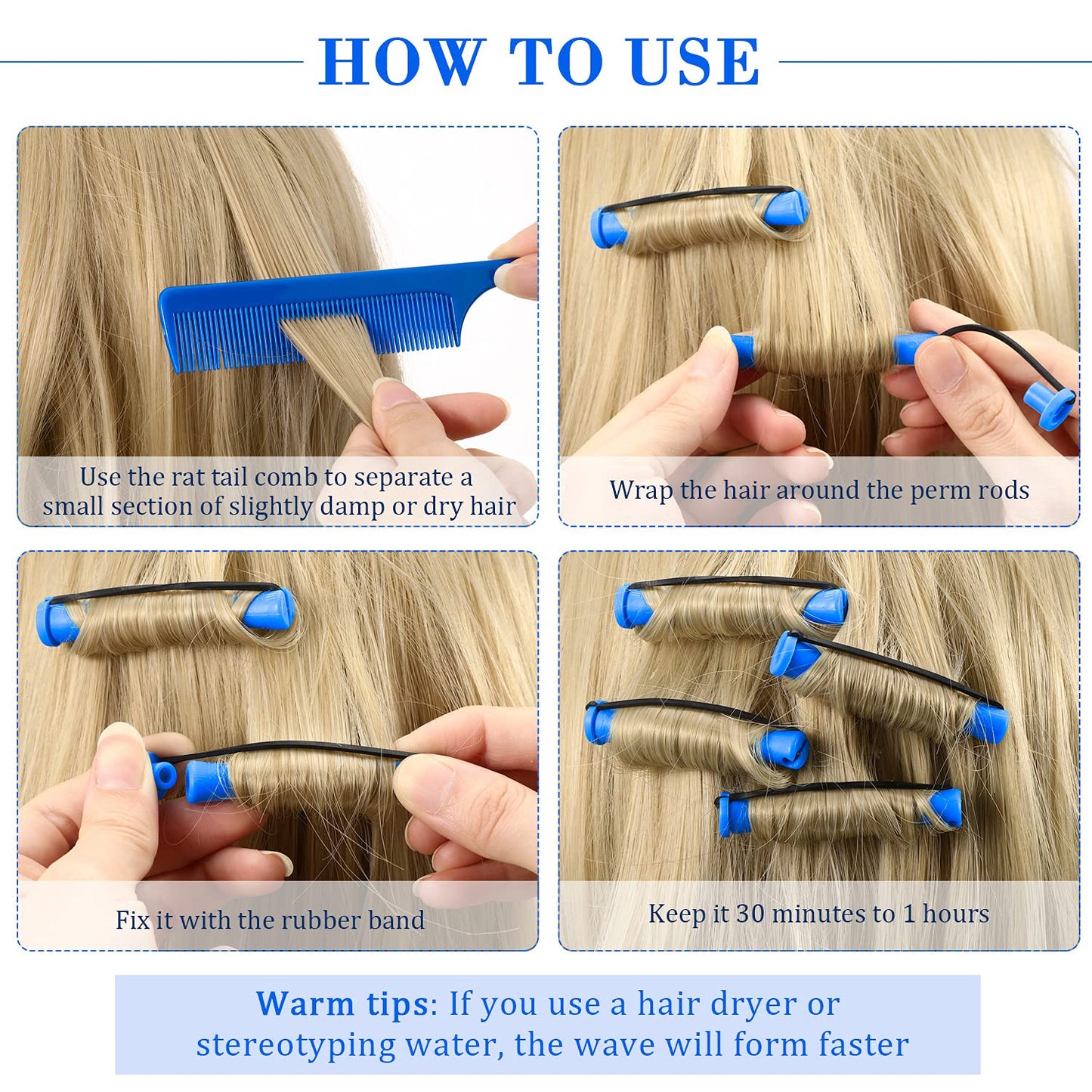 WILLBOND 60 Pcs Perm Rods - Cold Wave Curlers for Short & Long Hair | 0.35 Inch Blue Rollers