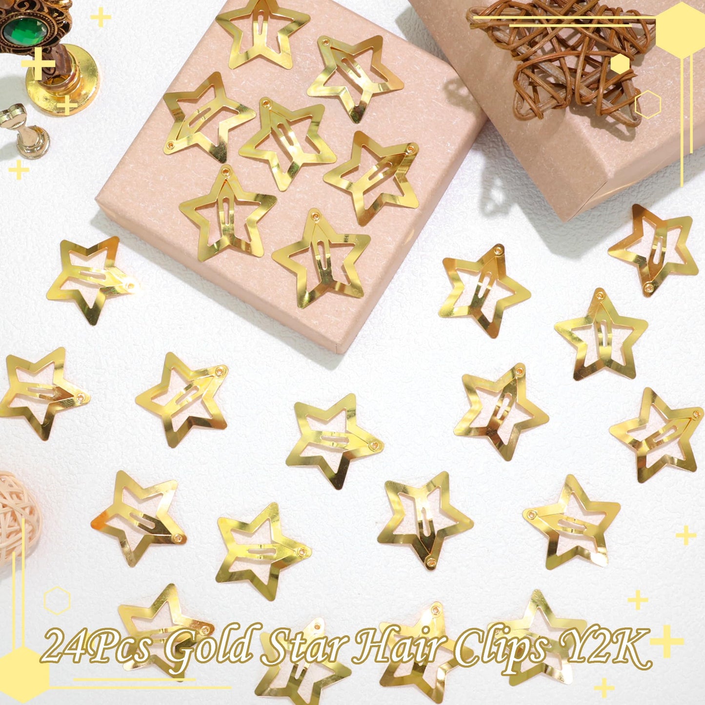 NAISKA 24PCS Gold Stars Hair Clips 2000s Y2K Hair Barrettes Metal Rave Pins