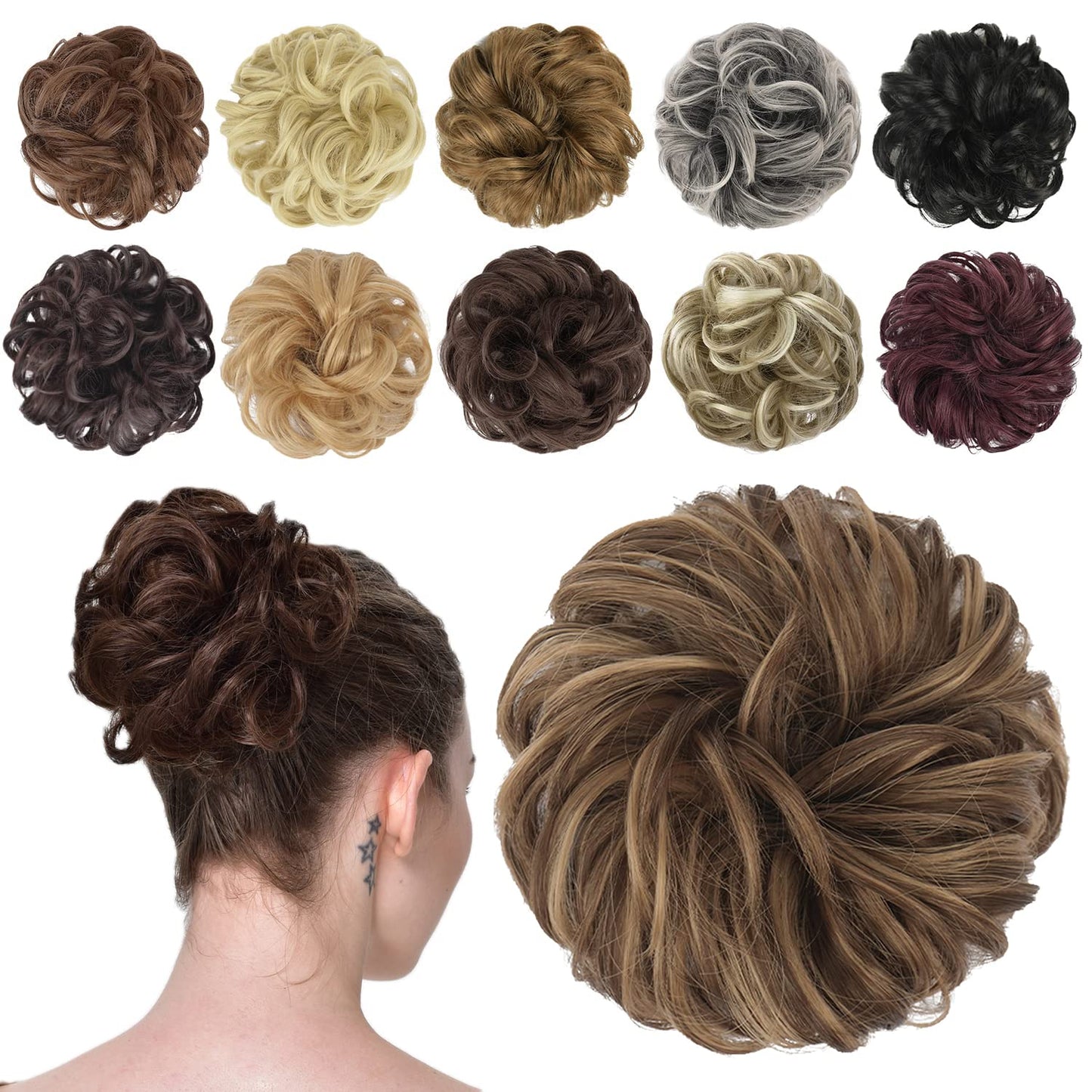 Messy Bun Hair Piece - Wavy Synthetic Chignon Scrunchie for Instant Volume | Brown Mixed Honey Blonde, 1.50 oz