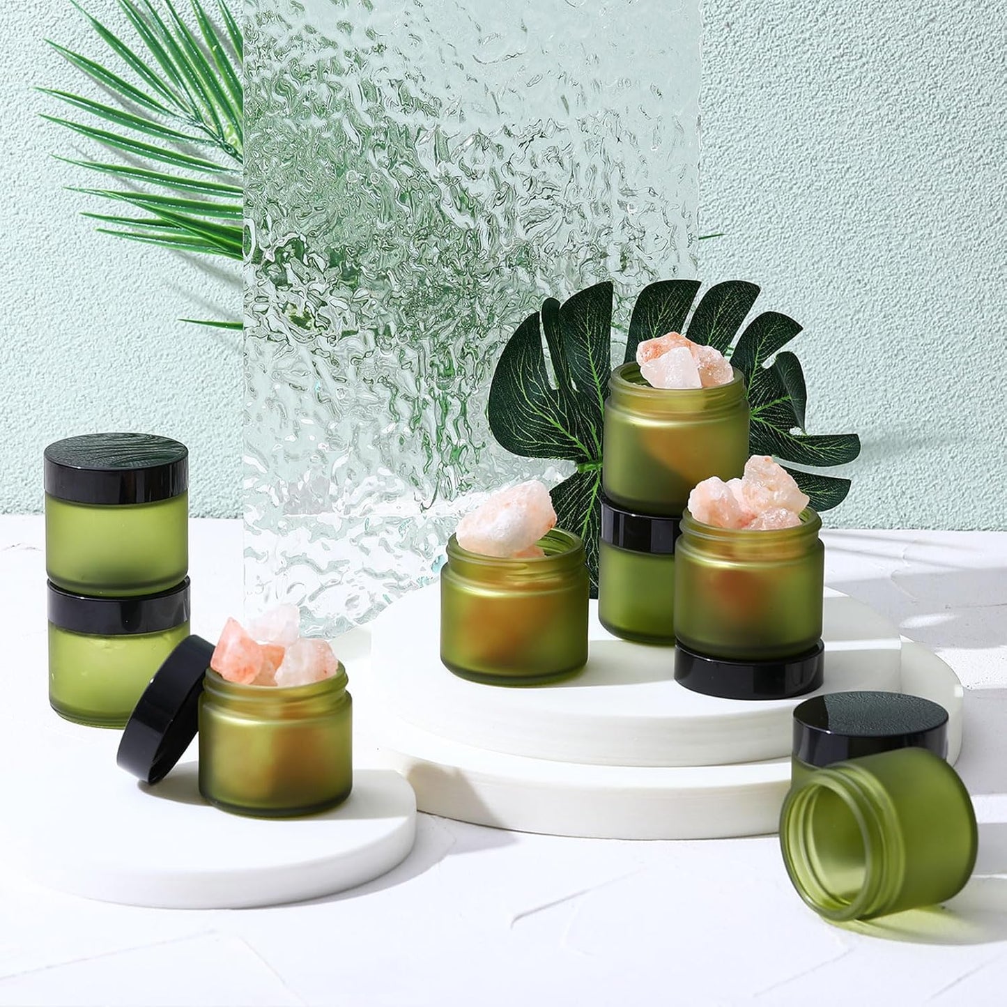32 Pcs 2 oz Glass Jars - Leakproof Travel Size Cosmetic Containers for Makeup, Creams & DIY (Pea Green)