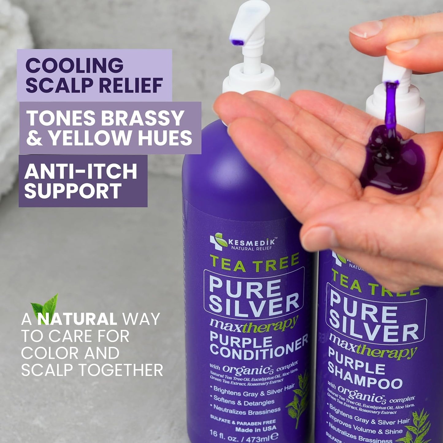 Tea Tree Purple Shampoo & Conditioner Set - Professional Anti-Brass Toner for Gray, Bleached & Blonde Hair | Sulfate-Free, Refreshes Scalp