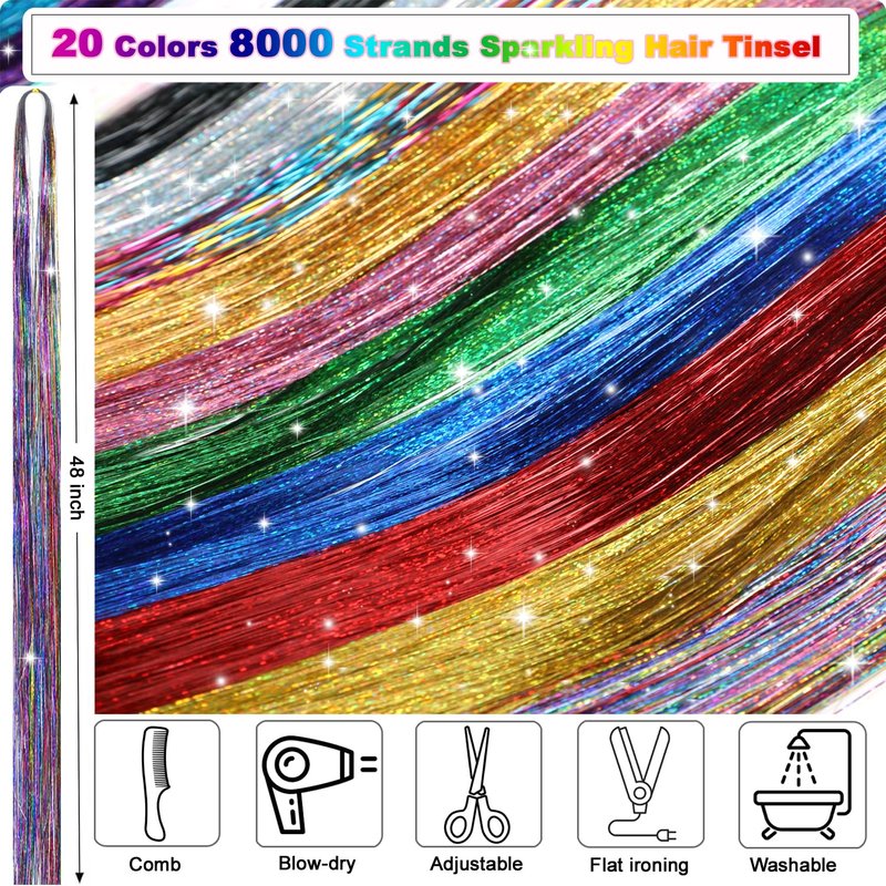 Hair Tinsel Kit - 48 Inch 8000 Strands Heat Resistant Glitter Extensions | 20 Color Options for Sparkling Hair Effects