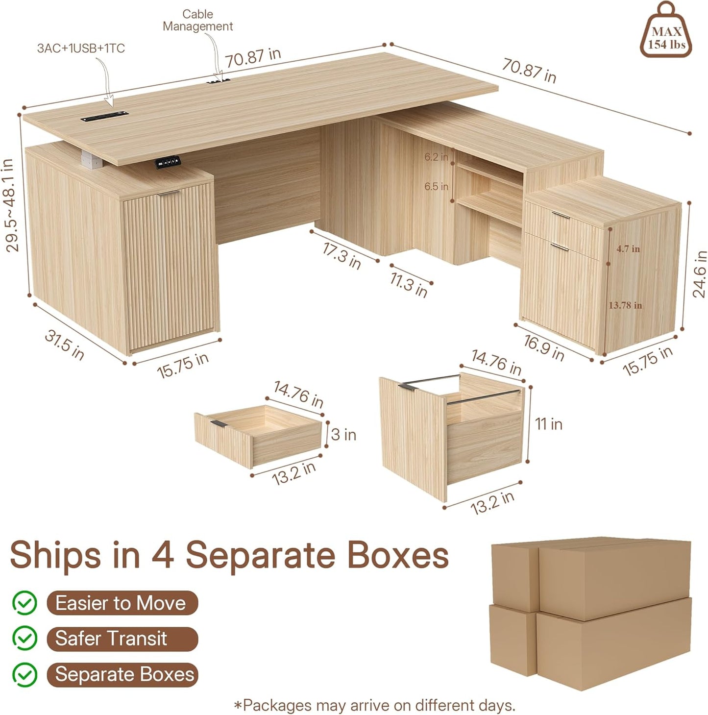 L Shaped Executive Desk - Height Adjustable Modern Office Workstation with File Cabinet & USB | Natural Wood Finish