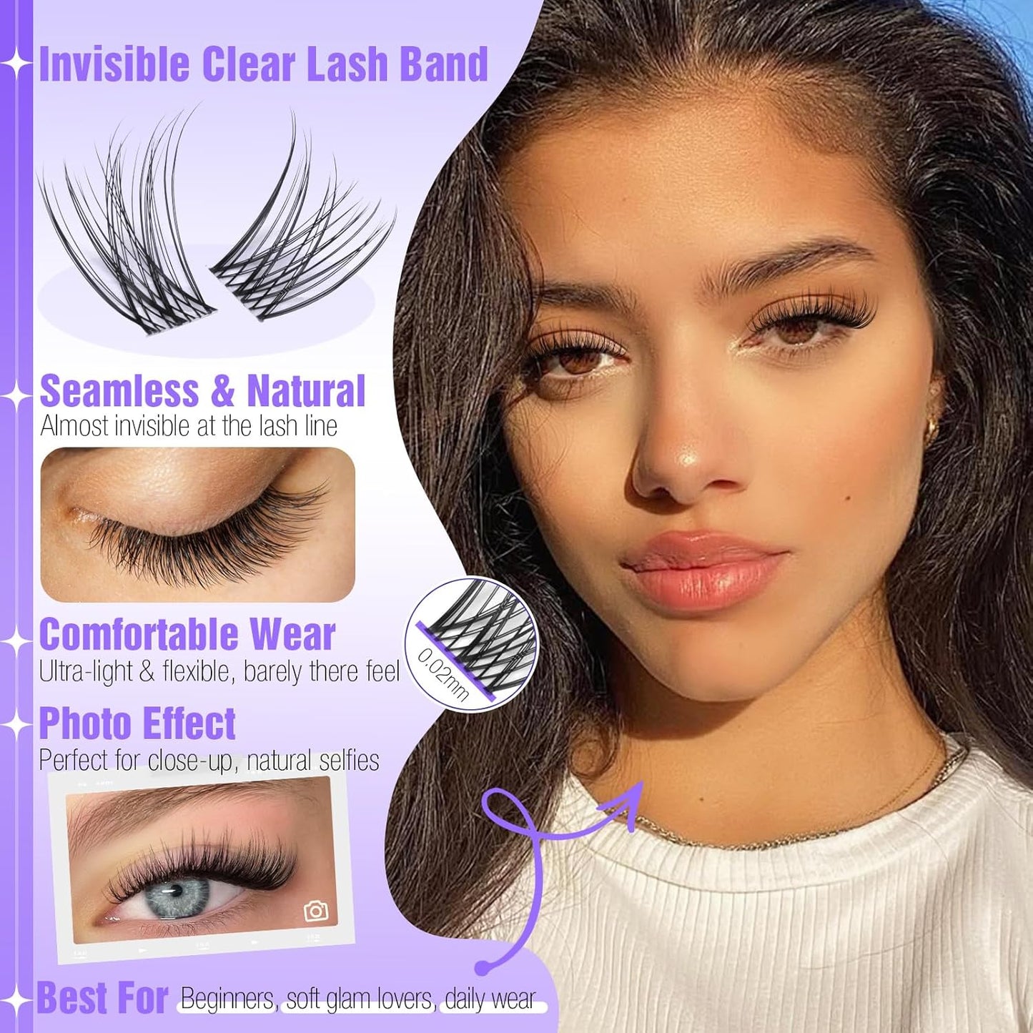 Natural Lash Clusters - Wispy Eyelash Extensions with Invisible Band | C Curl, 10-16mm, Easy DIY Application