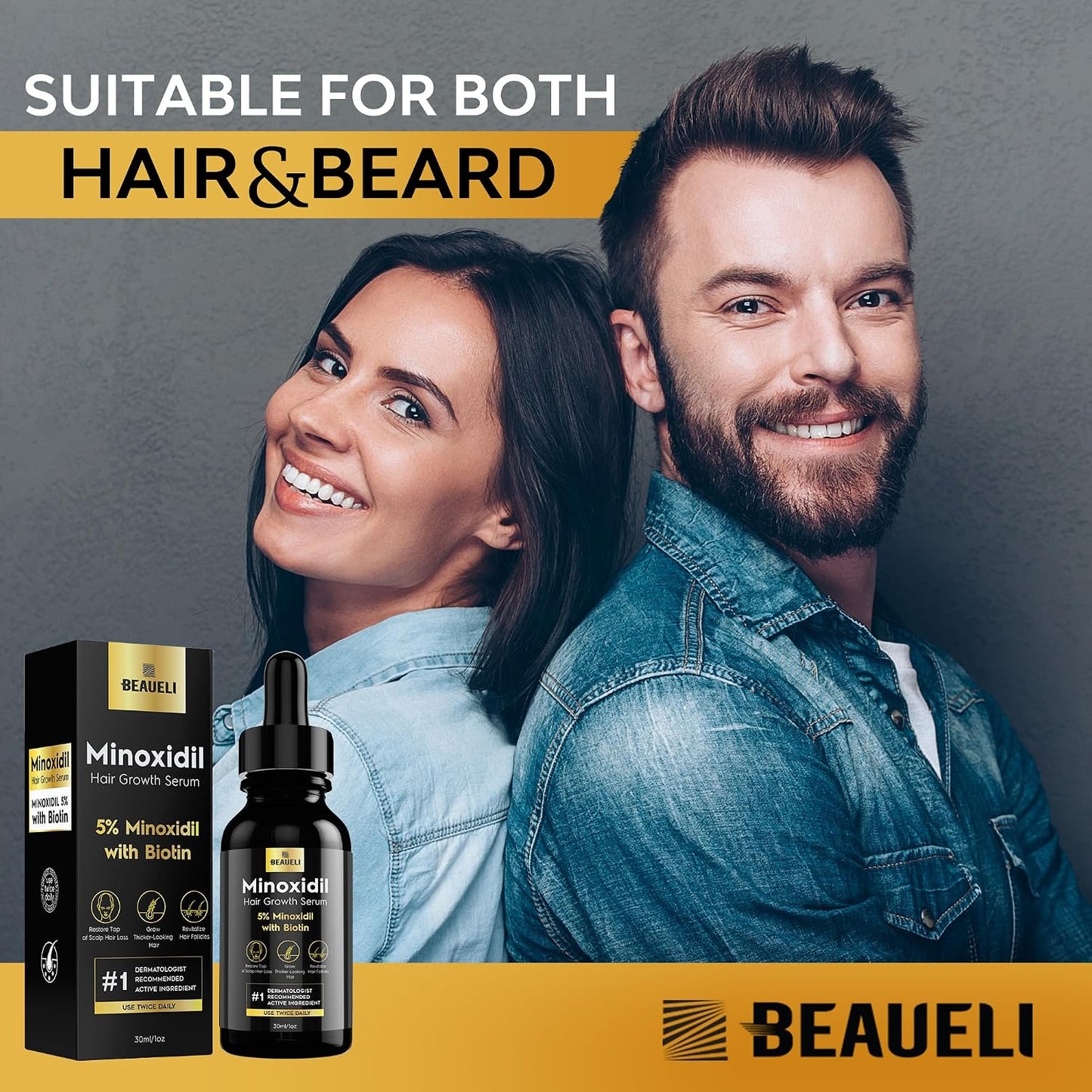 Beaueli 5% Minoxidil for Hair Growth | Unscented Hair & Beard Regrowth Drops, 3 Fl Oz (3 Bottles)