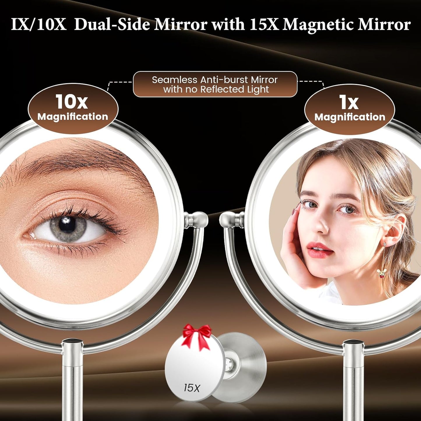 Lighted Makeup Mirror - 8.5" Large 1X/10X True HD Magnification | 3 Color Dimmable Lights, 360° Swivel