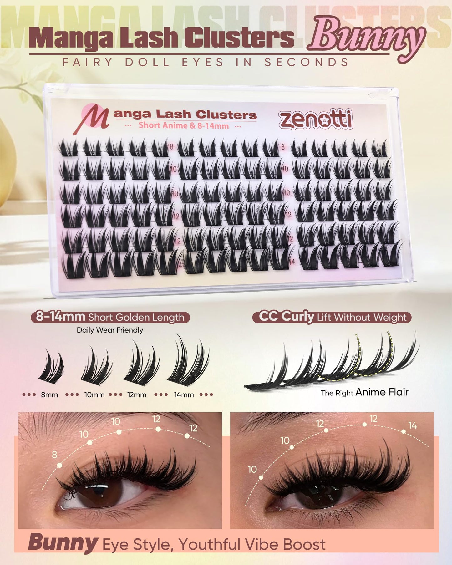 Manga Lash Clusters Anime Eyelash Clusters Wispy Cluster Eyelash Extensions Natural Bunny Fairy Individual Lashes Short 8-14MM CC-Curly Wet Look Lashes Extensions by zenotti