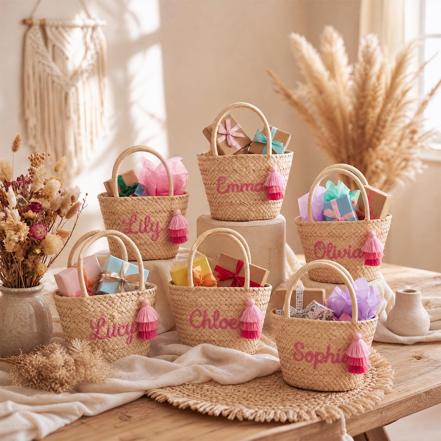 Abbylike 6 Pcs Mini Straw Tote Bags with Tassel Keychains, Woven Beach Handbags with Lining DIY Handmade Gift Bags for Bachelorette Party, Bridal Shower, Beach, Picnic & Girls Trip