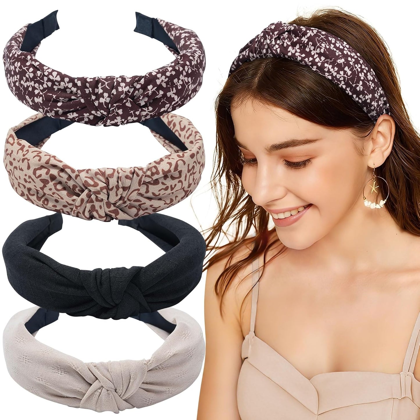 Knotted Headbands for Women - Non-Slip Top Knot Turban Hair Wraps | Comfortable Yoga Hair Accessories (Neutral Mix)