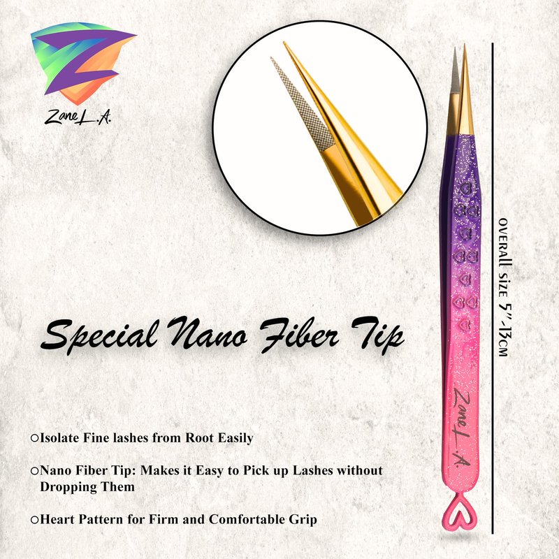 Zane L.A. Nano Fiber Tip Professional Eyelash Extension Tweezers, made with Japanese Stainless Steel, Unique Heart Design (Pink and Purple)