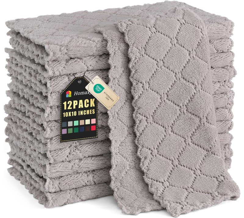 Homaxy 12 Pack Kitchen Dish Cloths (10 x 10 Inches, Grey), Super Soft and Absorbent Coral Velvet Dish Towels, Nonstick Oil Fast Drying Microfiber Cleaning Cloth, No Lint Household Dishcloths
