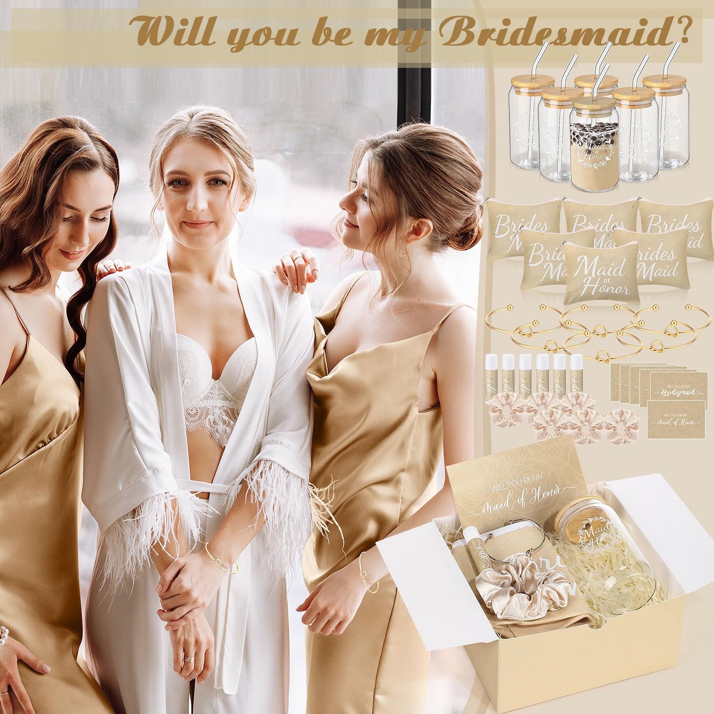 FillTouch 72 Pcs Bridesmaid Proposal Gifts, Will You Be My Bridesmaid, Maid and Matron of Honor Gift with Gift Box Glass Cup Makeup Bag Cards Lip Balm Hair Scrunchie Bracelet Wedding Day(Beige Color)